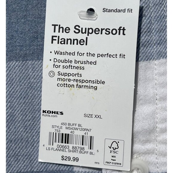 Sonoma Mens Supersoft Flannel Shirt Blue/White Plaid XXL 100% Cotton Long Sleeve - Picture 6 of 7